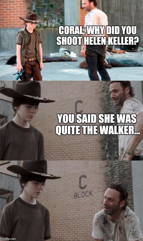 Rick and Carl 3 Meme |  CORAL, WHY DID YOU SHOOT HELEN KELLER? YOU SAID SHE WAS QUITE THE WALKER... | image tagged in memes,rick and carl 3 | made w/ Imgflip meme maker