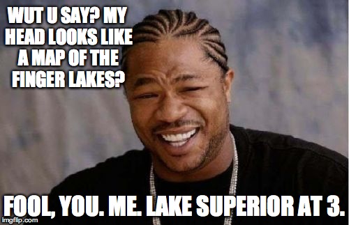 Roasted In The Hood | WUT U SAY? MY HEAD LOOKS LIKE A MAP OF THE FINGER LAKES? FOOL, YOU. ME. LAKE SUPERIOR AT 3. | image tagged in yo dawg heard you | made w/ Imgflip meme maker