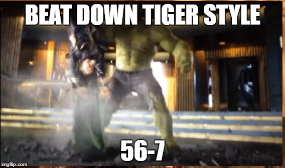 Tiger beat down | BEAT DOWN TIGER STYLE; 56-7 | image tagged in cock road chickens | made w/ Imgflip meme maker