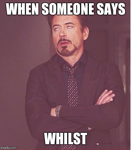 Face You Make Robert Downey Jr | WHEN SOMEONE SAYS; WHILST | image tagged in memes,face you make robert downey jr | made w/ Imgflip meme maker