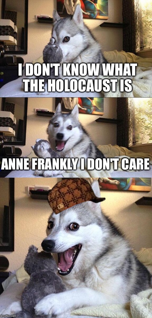 Bad Pun Dog Meme | I DON'T KNOW WHAT THE HOLOCAUST IS; ANNE FRANKLY I DON'T CARE | image tagged in memes,bad pun dog,scumbag | made w/ Imgflip meme maker