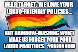 Rainbow flag | DEAR TARGET: WE LOVE YOUR LGBTQ-FRIENDLY POLICIES... BUT RAINBOW-WASHING WON'T MAKE US FORGET YOUR POOR LABOR PRACTICES. 
#UNIONNOW | image tagged in rainbow flag | made w/ Imgflip meme maker