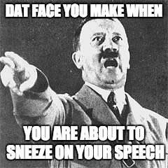 Hitler | DAT FACE YOU MAKE WHEN; YOU ARE ABOUT TO SNEEZE ON YOUR SPEECH | image tagged in hitler | made w/ Imgflip meme maker