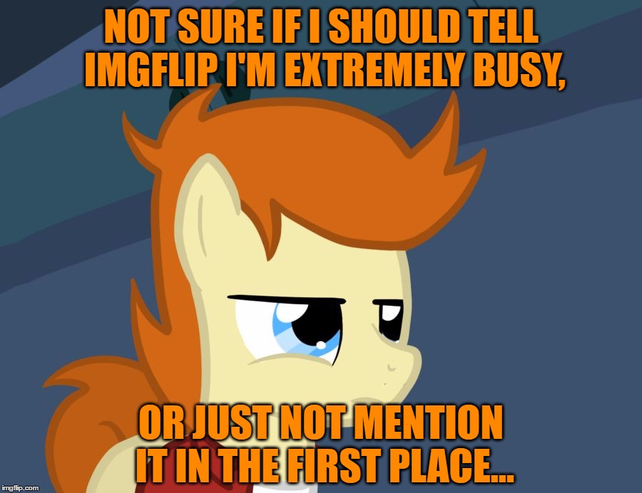 If Anyone Is Wondering, I'll Be Late In Replying To You All, Education Is More Important, The End Of This Semester Approaches... | NOT SURE IF I SHOULD TELL IMGFLIP I'M EXTREMELY BUSY, OR JUST NOT MENTION IT IN THE FIRST PLACE... | image tagged in futurama fry pony | made w/ Imgflip meme maker
