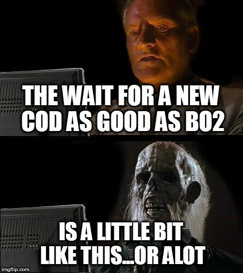I'll Just Wait Here Meme | THE WAIT FOR A NEW COD AS GOOD AS BO2; IS A LITTLE BIT LIKE THIS...OR ALOT | image tagged in memes,ill just wait here | made w/ Imgflip meme maker