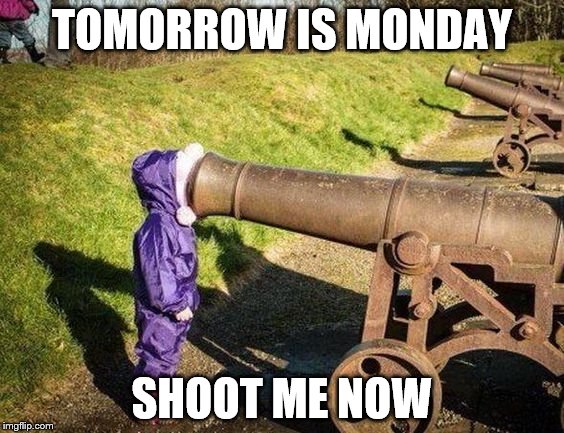 On a higher note. I have four days off next week | TOMORROW IS MONDAY; SHOOT ME NOW | image tagged in work sucks | made w/ Imgflip meme maker