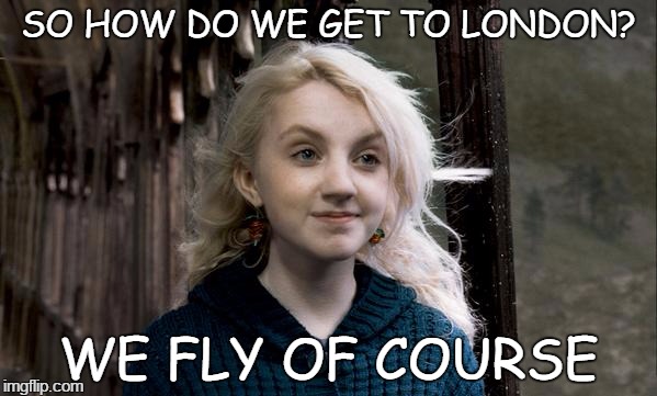 Harry Potter | SO HOW DO WE GET TO LONDON? WE FLY OF COURSE | image tagged in harry potter | made w/ Imgflip meme maker
