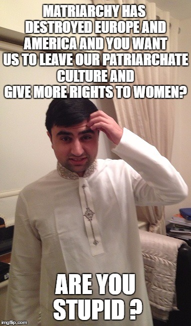 Hypocritical Islam Terrorist | MATRIARCHY HAS DESTROYED EUROPE AND AMERICA AND YOU WANT US TO LEAVE OUR PATRIARCHATE CULTURE AND GIVE MORE RIGHTS TO WOMEN? ARE YOU STUPID ? | image tagged in memes,hypocritical islam terrorist | made w/ Imgflip meme maker