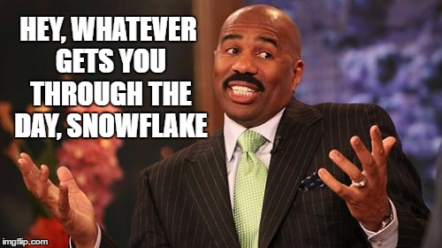 HEY, WHATEVER GETS YOU THROUGH THE DAY, SNOWFLAKE | image tagged in memes,steve harvey | made w/ Imgflip meme maker