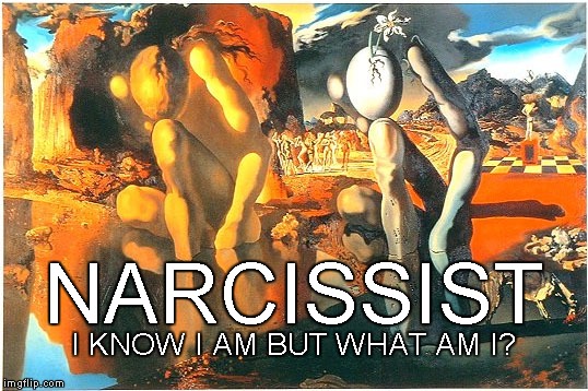 Narcissist Dali | NARCISSIST; I KNOW I AM BUT WHAT AM I? | image tagged in narcissist,dali | made w/ Imgflip meme maker