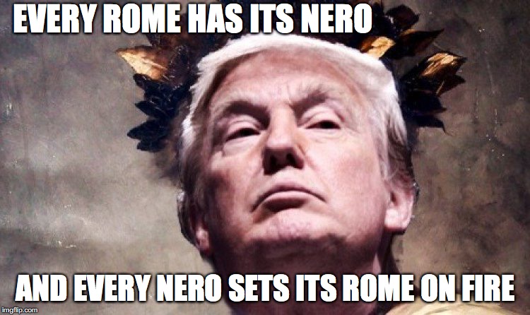Trump Nero | EVERY ROME HAS ITS NERO; AND EVERY NERO SETS ITS ROME ON FIRE | image tagged in trump nero,fire rome,donald trump,nero | made w/ Imgflip meme maker