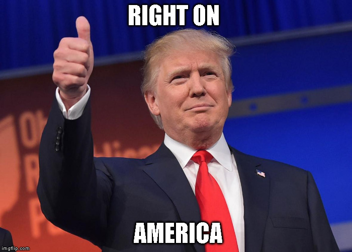 donald trump | RIGHT ON; AMERICA | image tagged in donald trump | made w/ Imgflip meme maker