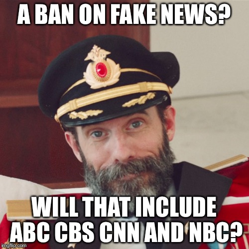 Captain Obvious large | A BAN ON FAKE NEWS? WILL THAT INCLUDE ABC CBS CNN AND NBC? | image tagged in captain obvious large | made w/ Imgflip meme maker