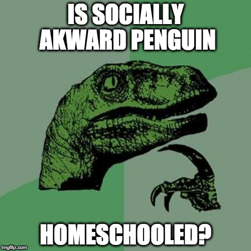 Philosoraptor | IS SOCIALLY AKWARD PENGUIN; HOMESCHOOLED? | image tagged in memes,philosoraptor | made w/ Imgflip meme maker