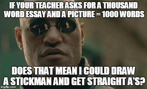 Matrix Morpheus Meme | IF YOUR TEACHER ASKS FOR A THOUSAND WORD ESSAY AND A PICTURE = 1000 WORDS; DOES THAT MEAN I COULD DRAW A STICKMAN AND GET STRAIGHT A'S? | image tagged in memes,matrix morpheus | made w/ Imgflip meme maker