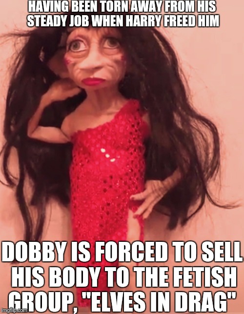 Thanks for the sock! | HAVING BEEN TORN AWAY FROM HIS STEADY JOB WHEN HARRY FREED HIM; DOBBY IS FORCED TO SELL HIS BODY TO THE FETISH GROUP, "ELVES IN DRAG" | image tagged in dobby drag,harry potter,elf,dobby,harry potter meme | made w/ Imgflip meme maker