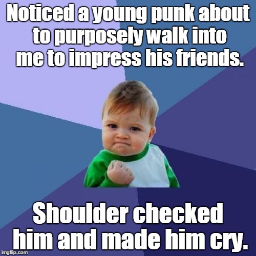 Success Kid Meme | Noticed a young punk about to purposely walk into me to impress his friends. Shoulder checked him and made him cry. | image tagged in memes,success kid | made w/ Imgflip meme maker