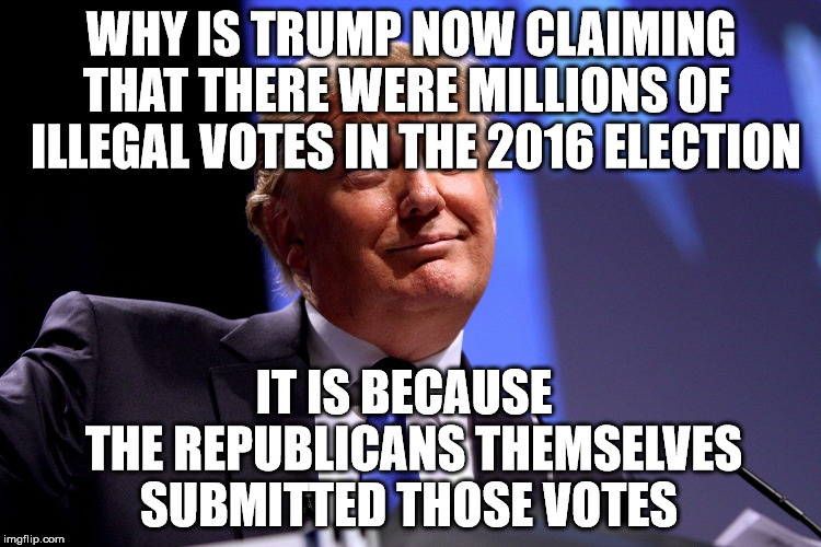 Donald Trump No2 | WHY IS TRUMP NOW CLAIMING THAT THERE WERE MILLIONS OF   ILLEGAL VOTES IN THE 2016 ELECTION; IT IS BECAUSE    THE REPUBLICANS THEMSELVES SUBMITTED THOSE VOTES | image tagged in donald trump no2 | made w/ Imgflip meme maker