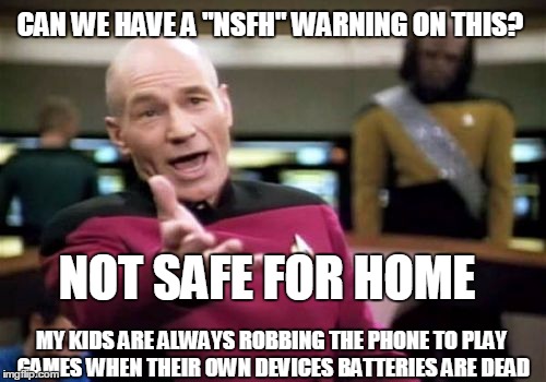 Picard Wtf Meme | CAN WE HAVE A "NSFH" WARNING ON THIS? MY KIDS ARE ALWAYS ROBBING THE PHONE TO PLAY GAMES WHEN THEIR OWN DEVICES BATTERIES ARE DEAD NOT SAFE  | image tagged in memes,picard wtf | made w/ Imgflip meme maker