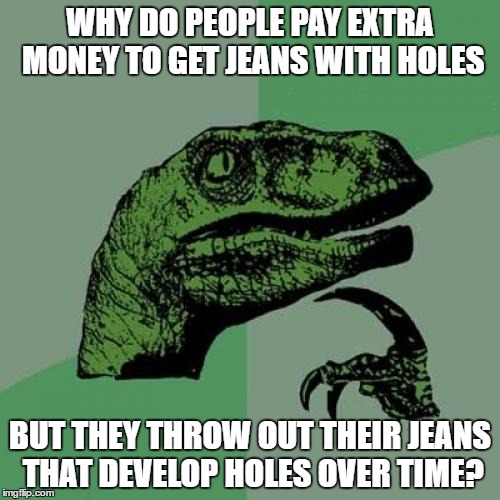 Philosoraptor | WHY DO PEOPLE PAY EXTRA MONEY TO GET JEANS WITH HOLES; BUT THEY THROW OUT THEIR JEANS THAT DEVELOP HOLES OVER TIME? | image tagged in memes,philosoraptor | made w/ Imgflip meme maker