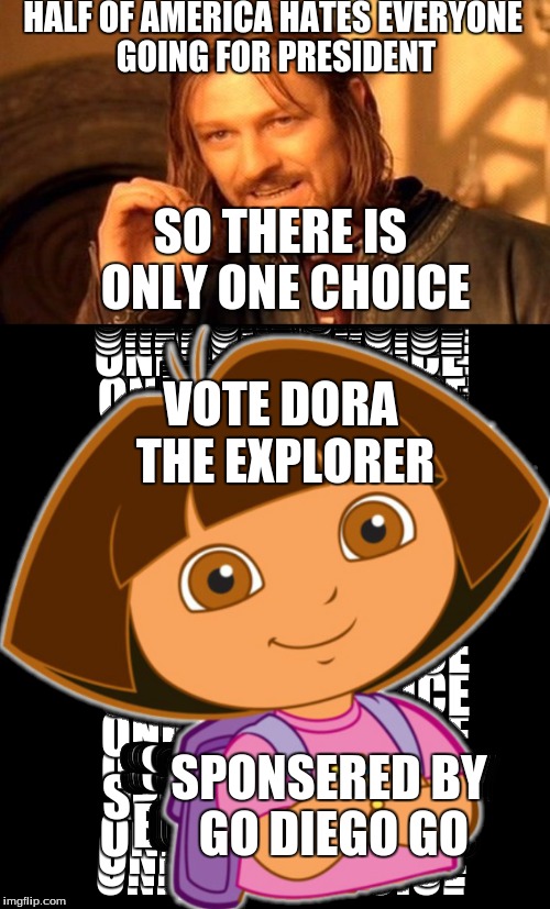 voting | HALF OF AMERICA HATES EVERYONE GOING FOR PRESIDENT; SO THERE IS ONLY ONE CHOICE; VOTE DORA THE EXPLORER; SPONSERED BY GO DIEGO GO | image tagged in funny meme,funny memes,too funny | made w/ Imgflip meme maker