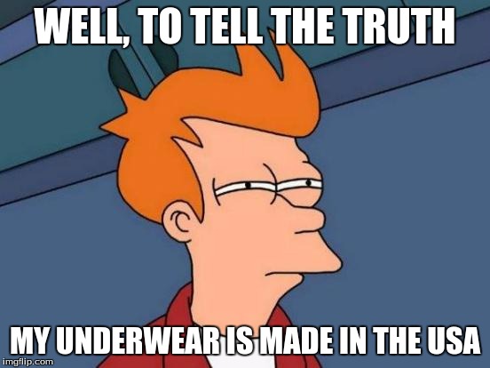 Futurama Fry Meme | WELL, TO TELL THE TRUTH MY UNDERWEAR IS MADE IN THE USA | image tagged in memes,futurama fry | made w/ Imgflip meme maker