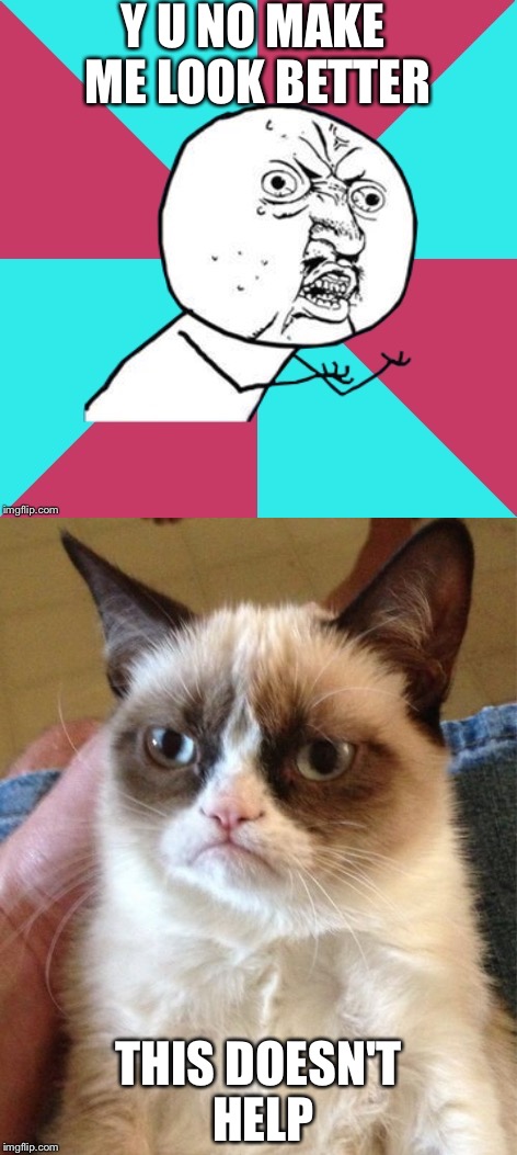 This does NOT help!!!! | Y U NO MAKE ME LOOK BETTER; THIS DOESN'T HELP | image tagged in y u no and grumpy cat | made w/ Imgflip meme maker