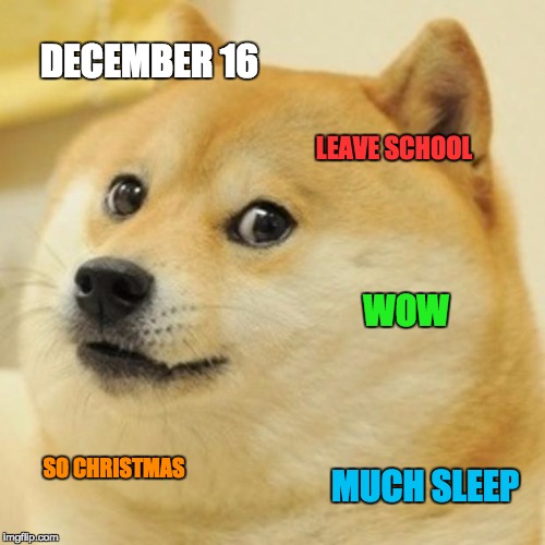 Christmas Brake Doge | DECEMBER 16; LEAVE SCHOOL; WOW; SO CHRISTMAS; MUCH SLEEP | image tagged in memes,doge | made w/ Imgflip meme maker