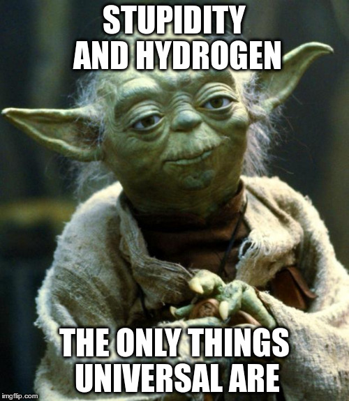 Star Wars Yoda | STUPIDITY AND HYDROGEN; THE ONLY THINGS UNIVERSAL ARE | image tagged in memes,star wars yoda | made w/ Imgflip meme maker