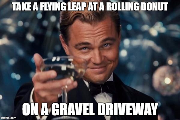 Leonardo Dicaprio Cheers Meme | TAKE A FLYING LEAP AT A ROLLING DONUT; ON A GRAVEL DRIVEWAY | image tagged in memes,leonardo dicaprio cheers | made w/ Imgflip meme maker