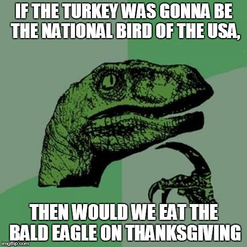 Philosoraptor | IF THE TURKEY WAS GONNA BE THE NATIONAL BIRD OF THE USA, THEN WOULD WE EAT THE BALD EAGLE ON THANKSGIVING | image tagged in memes,philosoraptor | made w/ Imgflip meme maker