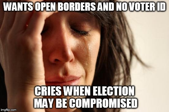 First World Problems | WANTS OPEN BORDERS AND NO VOTER ID; CRIES WHEN ELECTION MAY BE COMPROMISED | image tagged in memes,first world problems | made w/ Imgflip meme maker