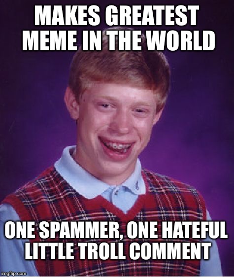 Bad Luck Brian Meme | MAKES GREATEST MEME IN THE WORLD ONE SPAMMER, ONE HATEFUL LITTLE TROLL COMMENT | image tagged in memes,bad luck brian | made w/ Imgflip meme maker