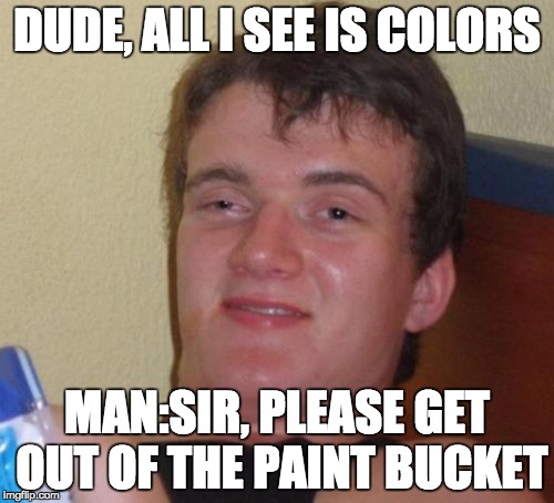 10 Guy Meme | DUDE, ALL I SEE IS COLORS; MAN:SIR, PLEASE GET OUT OF THE PAINT BUCKET | image tagged in memes,10 guy | made w/ Imgflip meme maker