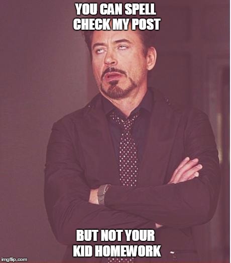 Face You Make Robert Downey Jr Meme | YOU CAN SPELL CHECK MY POST; BUT NOT YOUR KID HOMEWORK | image tagged in memes,face you make robert downey jr | made w/ Imgflip meme maker