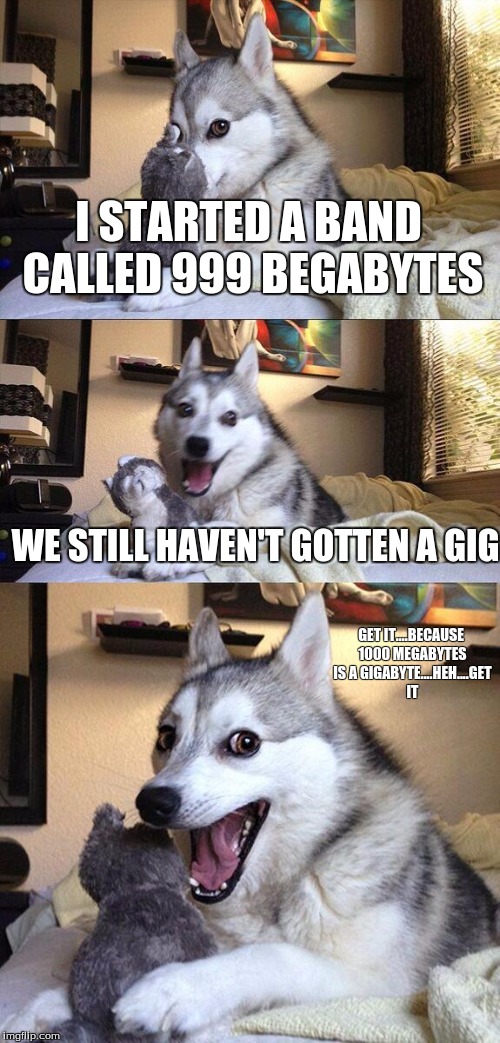 A repost to a great memer | I STARTED A BAND CALLED 999 BEGABYTES; WE STILL HAVEN'T GOTTEN A GIG; GET IT....BECAUSE 1000 MEGABYTES IS A GIGABYTE....HEH....GET IT | image tagged in memes,bad pun dog | made w/ Imgflip meme maker