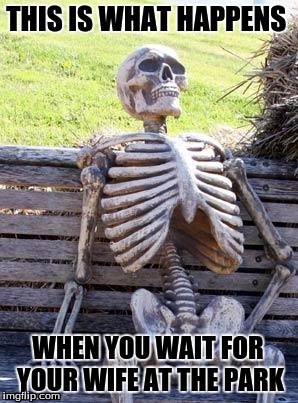 Waiting Skeleton Meme | THIS IS WHAT HAPPENS; WHEN YOU WAIT FOR YOUR WIFE AT THE PARK | image tagged in memes,waiting skeleton | made w/ Imgflip meme maker