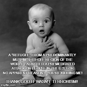 No Terrorism | A "REFUGEE" FROM A PREDOMINANTLY MUSLIM SHITHOLE REGION OF THE WORLD LAUNCHED A PREMEDITATED ATTACK ON PEOPLE IN THE U.S. FOR NO APPARENT REASON?  YOU'RE KIDDING ME! THANK GOD IT WASN'T TERRORISM! | image tagged in refugees | made w/ Imgflip meme maker