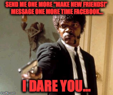Say That Again I Dare You Meme | SEND ME ONE MORE “MAKE NEW FRIENDS!” MESSAGE ONE MORE TIME FACEBOOK... I DARE YOU... | image tagged in memes,say that again i dare you | made w/ Imgflip meme maker