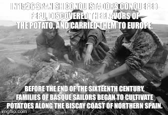IN 1536 SPANISH CONQUISTADORS CONQUERED PERU, DISCOVERED THE FLAVORS OF THE POTATO, AND CARRIED THEM TO EUROPE. BEFORE THE END OF THE SIXTEENTH CENTURY, FAMILIES OF BASQUE SAILORS BEGAN TO CULTIVATE POTATOES ALONG THE BISCAY COAST OF NORTHERN SPAIN. | image tagged in potato | made w/ Imgflip meme maker