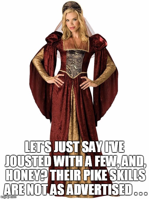 LET'S JUST SAY I'VE JOUSTED WITH A FEW, AND, HONEY? THEIR PIKE SKILLS ARE NOT AS ADVERTISED . . . | made w/ Imgflip meme maker