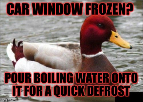 Malicious Advice Mallard Meme | CAR WINDOW FROZEN? POUR BOILING WATER ONTO IT FOR A QUICK DEFROST | image tagged in memes,malicious advice mallard | made w/ Imgflip meme maker