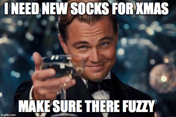 Leonardo Dicaprio Cheers Meme | I NEED NEW SOCKS FOR XMAS MAKE SURE THERE FUZZY | image tagged in memes,leonardo dicaprio cheers | made w/ Imgflip meme maker