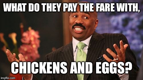 Steve Harvey Meme | WHAT DO THEY PAY THE FARE WITH, CHICKENS AND EGGS? | image tagged in memes,steve harvey | made w/ Imgflip meme maker