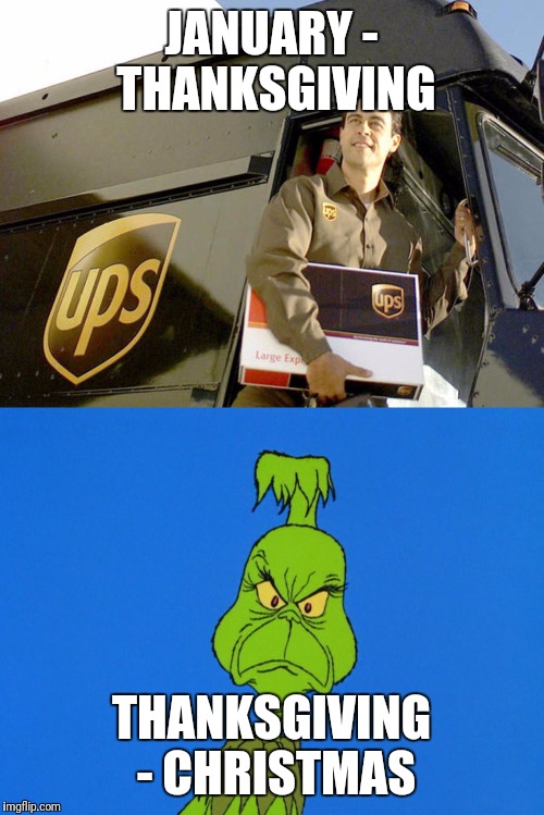 Christmas got the UPS man like... | JANUARY - THANKSGIVING; THANKSGIVING - CHRISTMAS | image tagged in ups delivery guy,christmas shopping | made w/ Imgflip meme maker