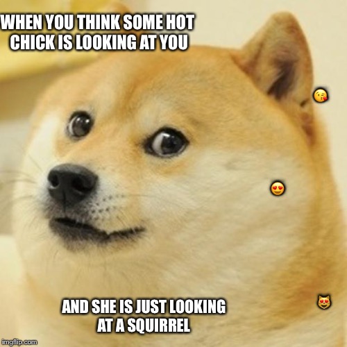 Doge Meme | WHEN YOU THINK SOME HOT CHICK IS LOOKING AT YOU; 😘; 😍; AND SHE IS JUST LOOKING AT A SQUIRREL; 😻 | image tagged in memes,doge | made w/ Imgflip meme maker