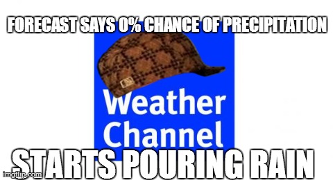 FORECAST SAYS 0% CHANCE OF PRECIPITATION STARTS POURING RAIN  | made w/ Imgflip meme maker
