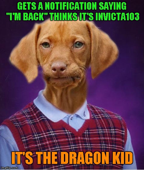 Is it the real Dragon Kid...? Some people are having doubts...but it inspired this meme template so that's cool!!! | GETS A NOTIFICATION SAYING "I'M BACK" THINKS IT'S INVICTA103; IT'S THE DRAGON KID | image tagged in bad luck raydog,memes,raydog,dragonkidreturns,funny | made w/ Imgflip meme maker