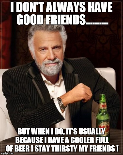 The Most Interesting Man In The World | I DON'T ALWAYS HAVE GOOD FRIENDS.......... BUT WHEN I DO, IT'S USUALLY BECAUSE I HAVE A COOLER FULL OF BEER ! STAY THIRSTY MY FRIENDS ! | image tagged in memes,the most interesting man in the world | made w/ Imgflip meme maker