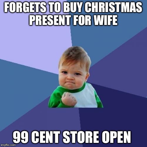 Success Kid | FORGETS TO BUY CHRISTMAS PRESENT FOR WIFE; 99 CENT STORE OPEN | image tagged in memes,success kid | made w/ Imgflip meme maker